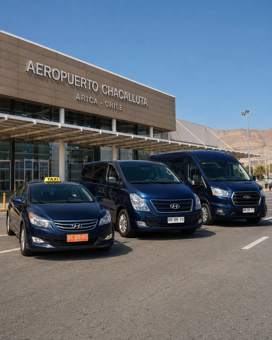 Taxi, mini y van de Taxi Morro estacionados frente al Aeropuerto Chacalluta de Arica.