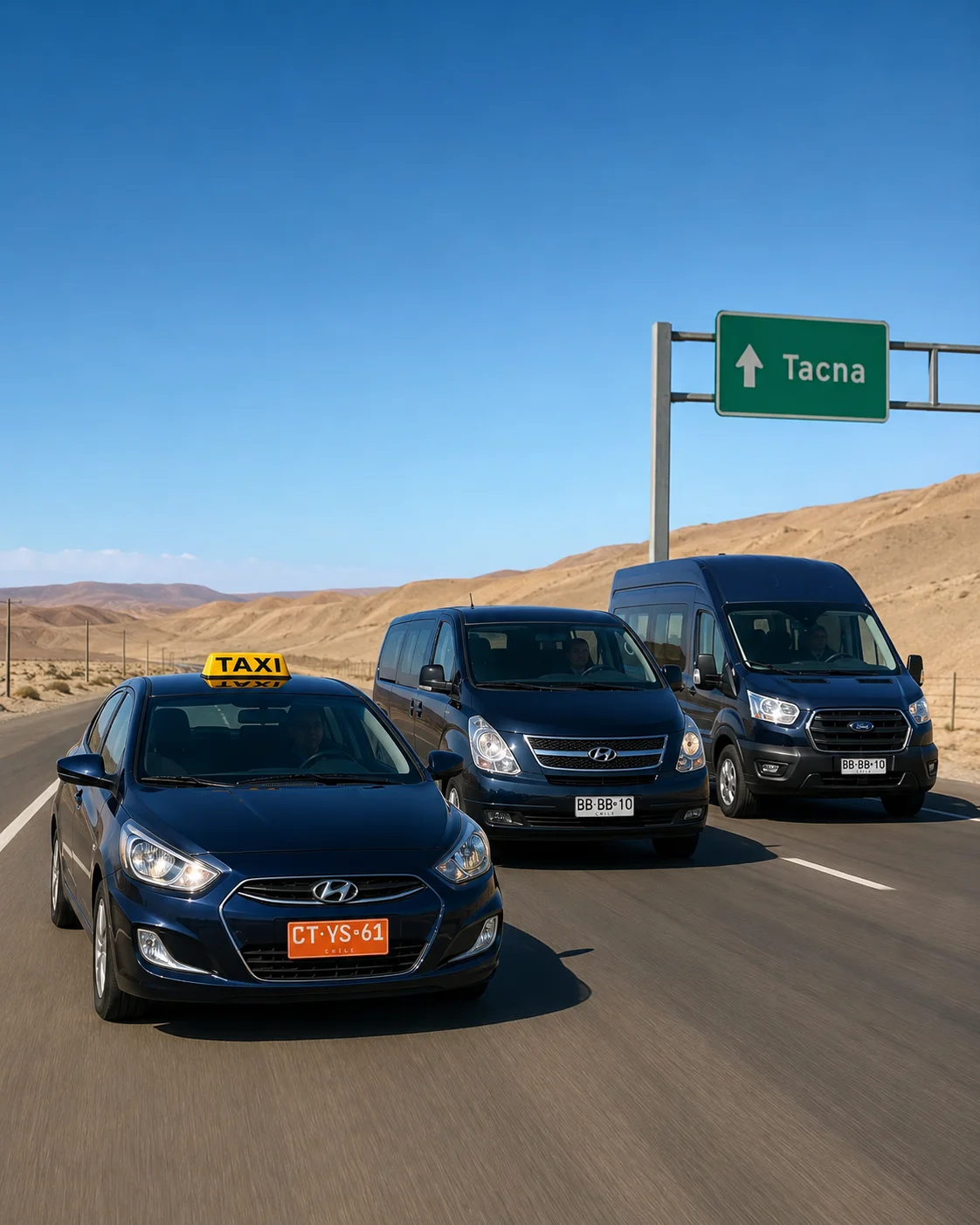 Flota de Taxi Morro con taxi, mini van y van avanzando por la ruta internacional de Arica a Tacna.