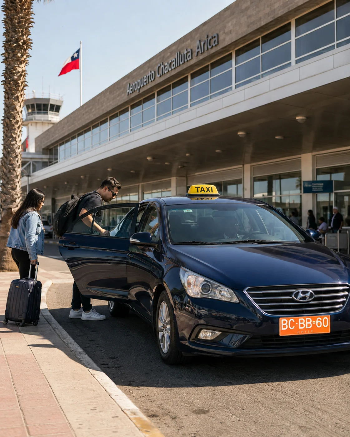 Pasajeros con equipaje subiendo a un taxi de Taxi Morro en el Aeropuerto Chacalluta para viajar a Tacna.