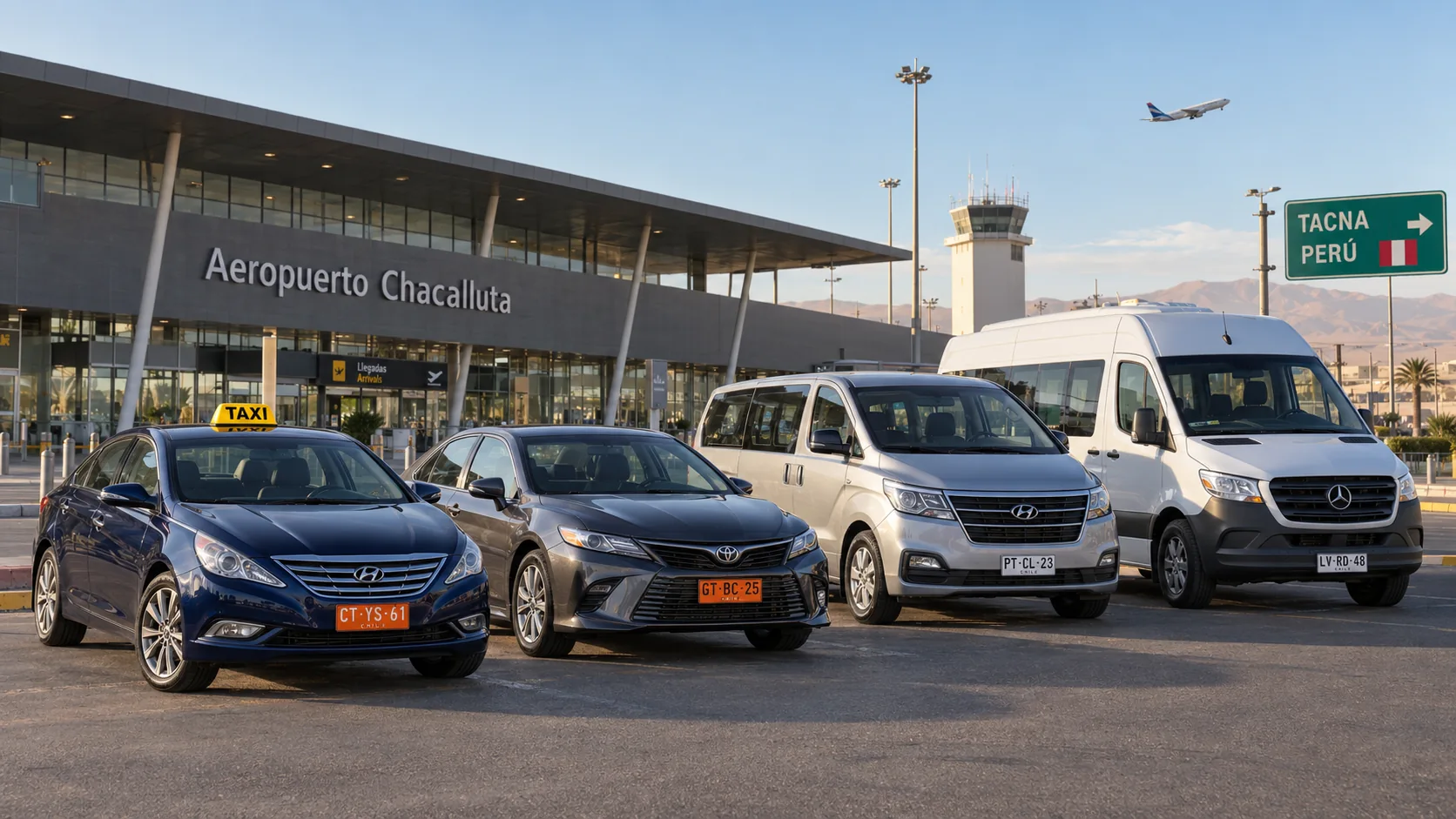 Taxi turismo, taxi ejecutivo, mini van y van frente al Aeropuerto Chacalluta, con señal hacia Tacna, Perú.